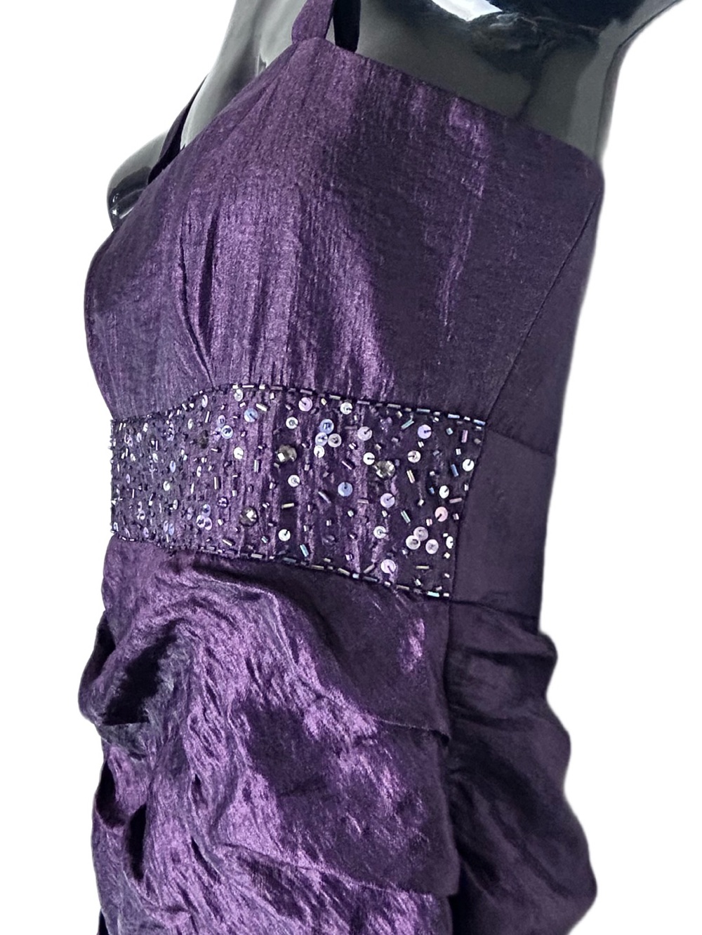 David's Bridal Plum Purple Strapless Taffeta Dress with Beaded Waist - Picture 7 of 14